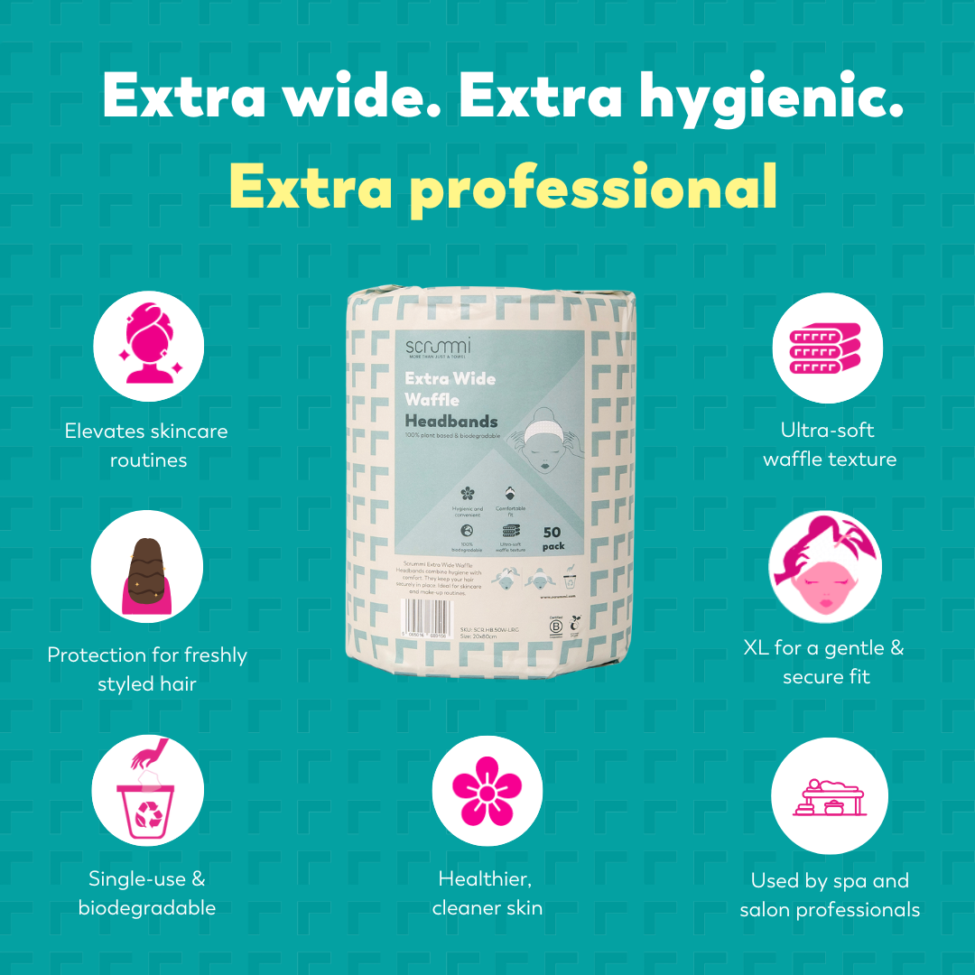 Image of packaged XL Headbands with enhanced benefits displayed around the product. The image highlights the headbands soft, absorbent material and premium quality for professional salon use.