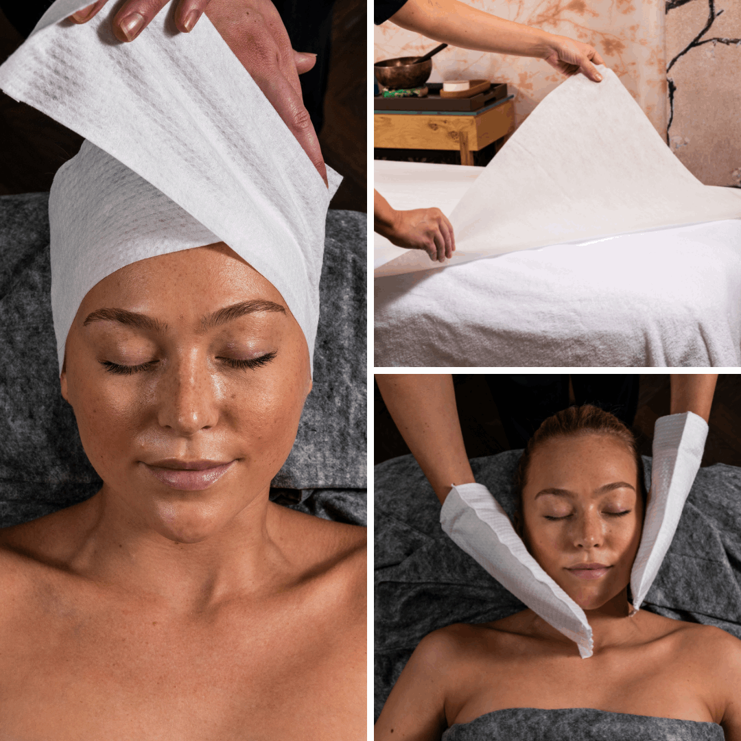 Image of the Scrummi Facial Treatment Package, featuring waffle headbands, Original Waffle Spa Sheets, and waffle mitts in use during various spa and beauty treatments. The headbands are shown securing a client’s hair, the spa sheets are draped over a cli