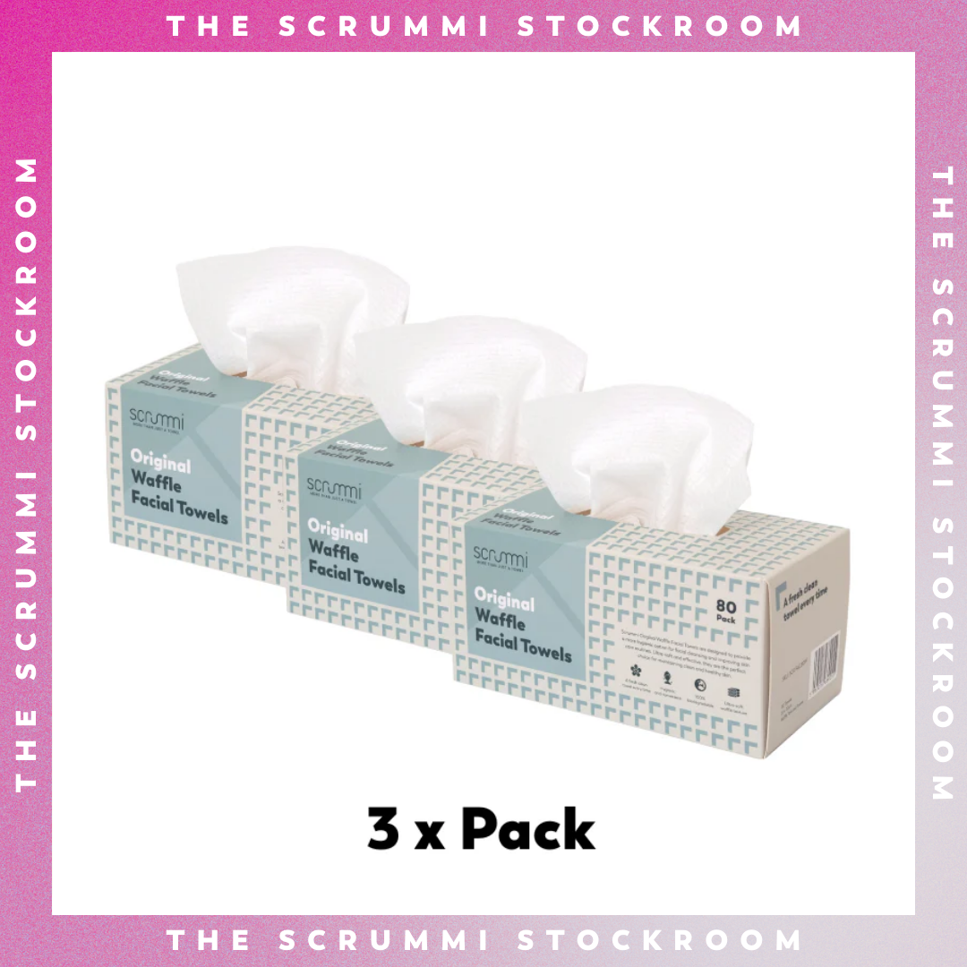 Three boxes of Scrummi facial towels on a white background with pink border and text.