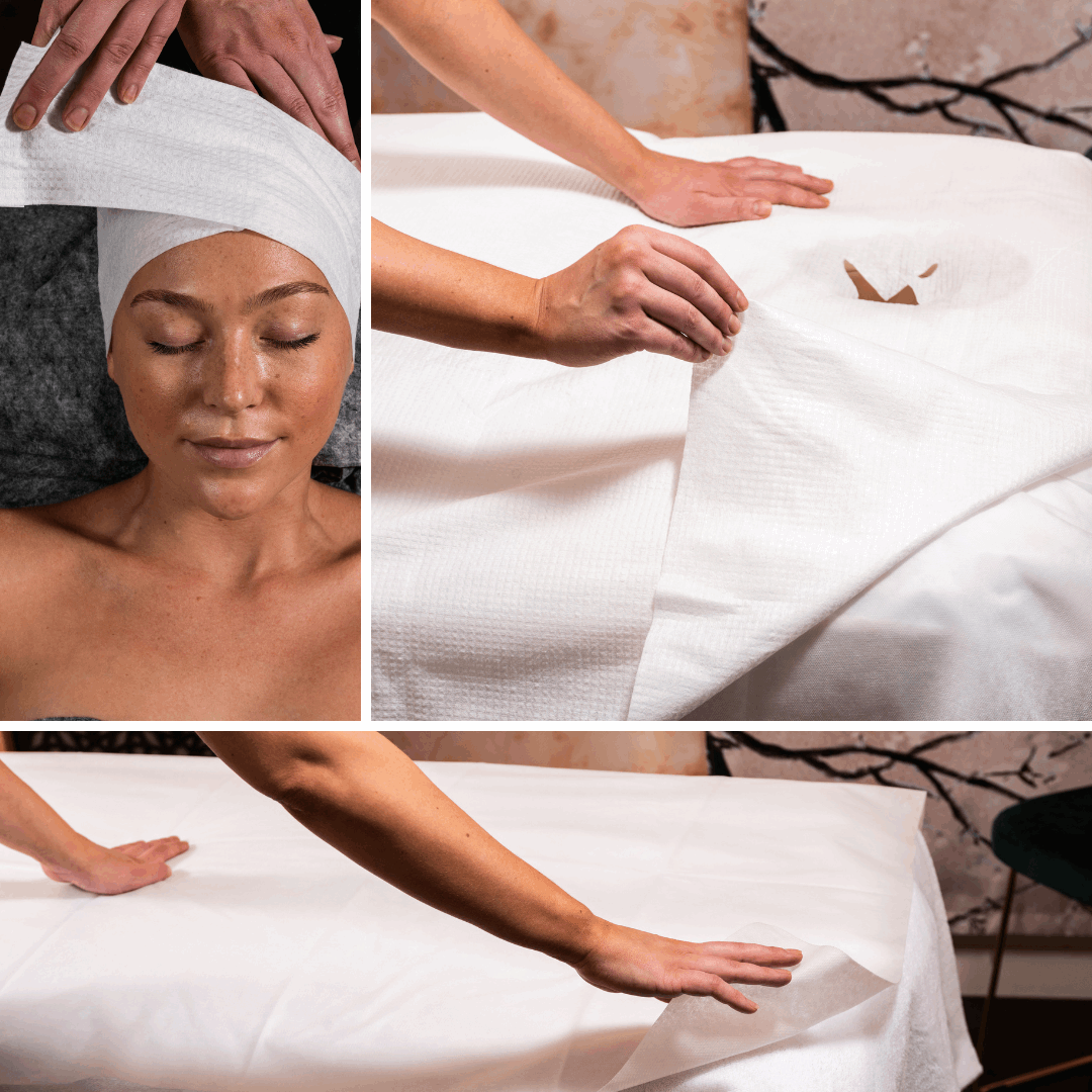 Image of the Scrummi Body Treatment Package, showcasing waffle headbands, Original Waffle Spa Sheets, and Essential Waffle Spa Sheets in use during various spa and beauty treatments. The headbands are shown keeping a client's hair in place, the Original W