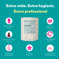 Image of packaged XL Headbands with enhanced benefits displayed around the product. The image highlights the headbands soft, absorbent material and premium quality for professional salon use.