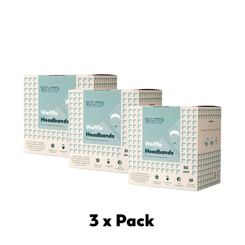 Three boxes of scrummi Waffle Headbands on a white background