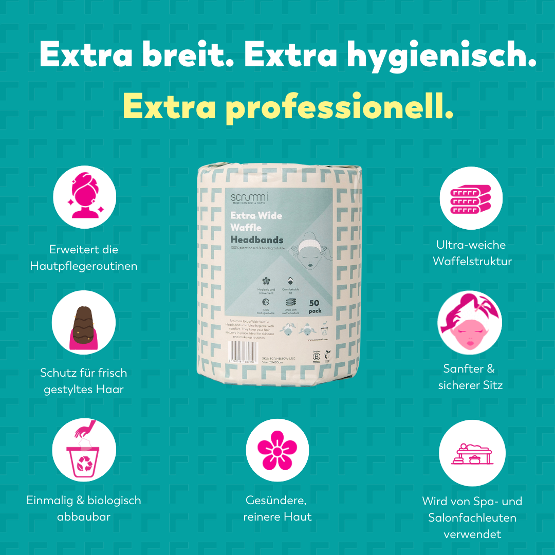 Image of packaged XL Headbands with enhanced benefits displayed around the product. The image highlights the headbands soft, absorbent material and premium quality for professional salon use.