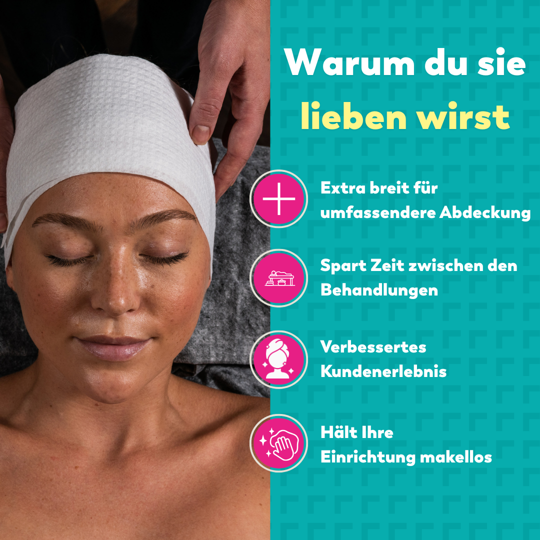 Image of a Scrummi XL Headband being worn by a client during a facial treatment with enhanced benefits listed to the right. The headband is shown providing comfort, absorbency, and a secure fit during beauty treatments.