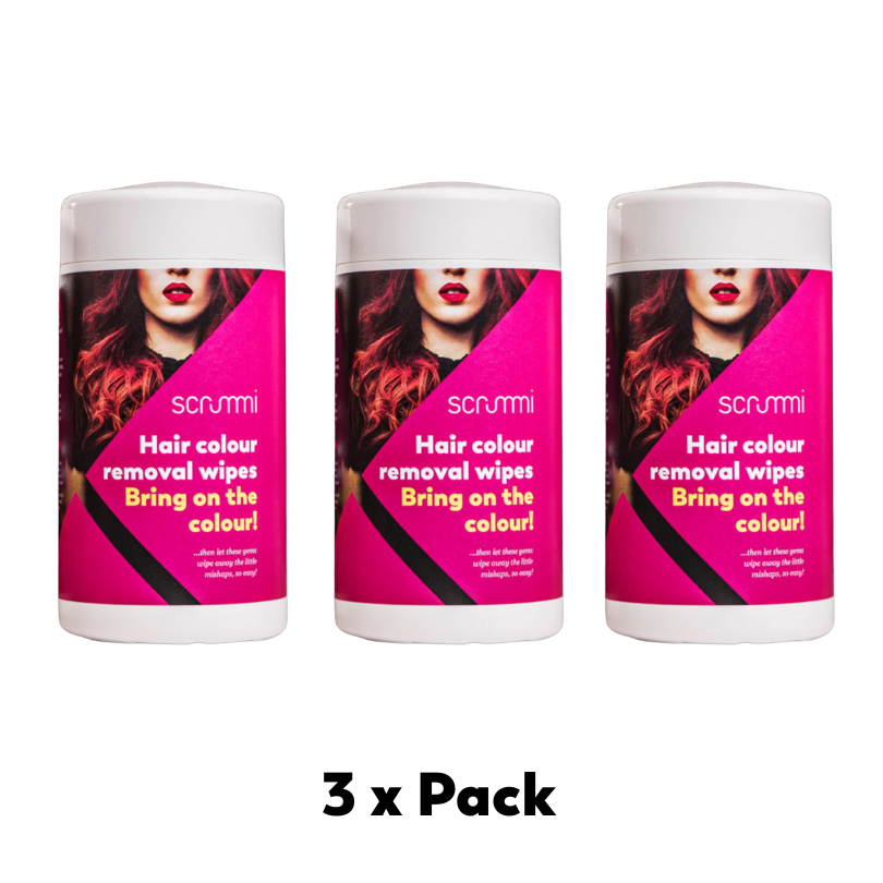 Three packs of scrummi hair color removal wipes with a pink label and white container.