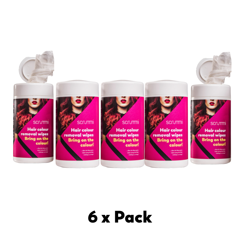 Packs of Scrummi hair color removal wipes on a white background