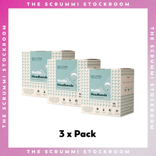 Three boxes of Scrummi Waffle Headbands on a white background with pink border and text.