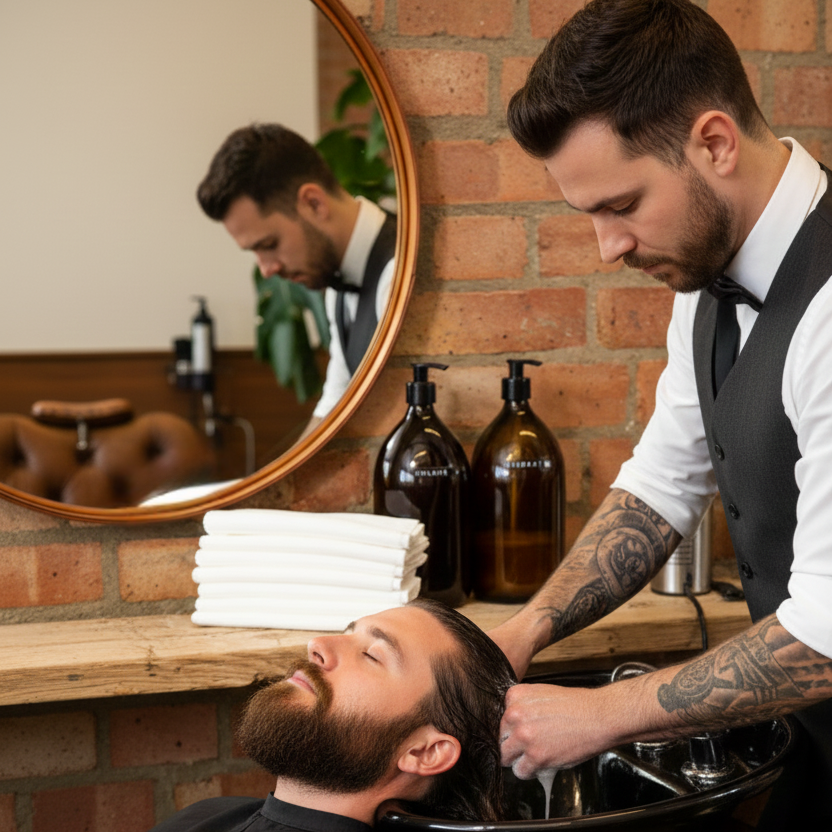 Barber washing a customer's hair in a barbershop with a brick wall background.