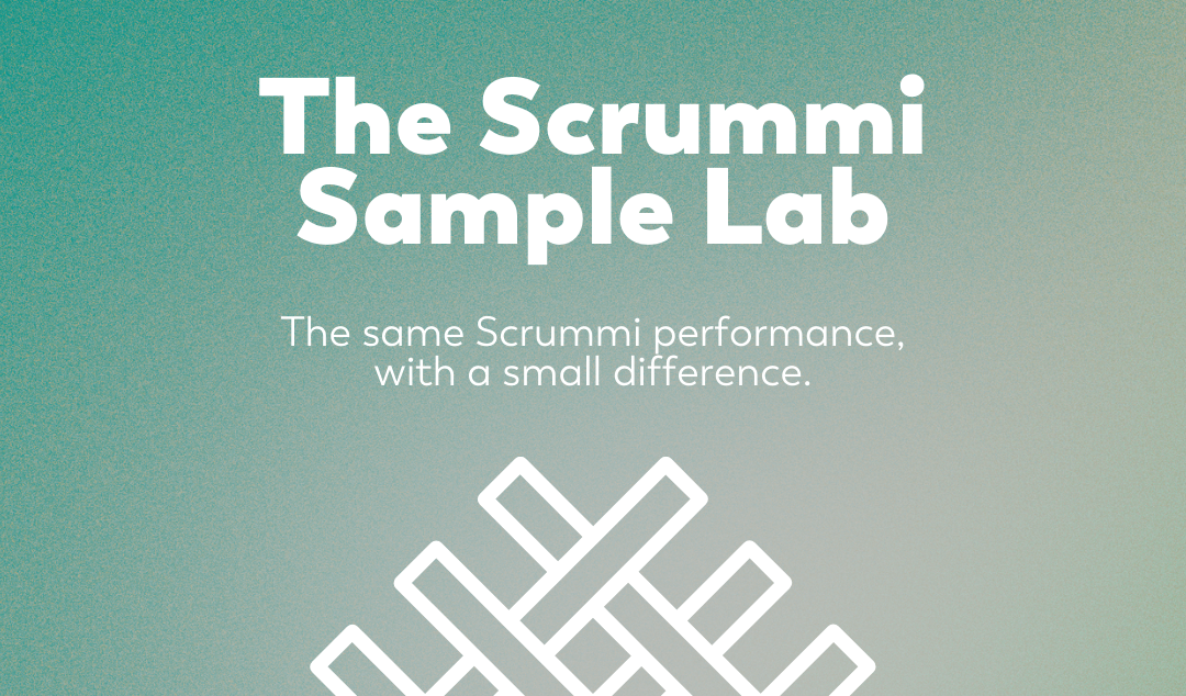 Promotional graphic for 'The Scrummi Sample Lab' with text and a geometric design on a teal background.
