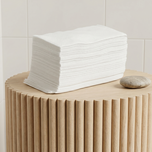 Image of a stack of Scrummi View details for Luxury Hand Towels Luxury Hand Towels in white, neatly arranged in a spa. The towels, with their textured waffle weave, are displayed to highlight their soft, absorbent material. The disposable and biodegradable. 