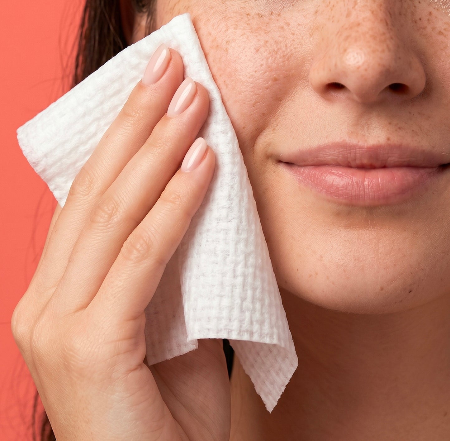 Person cleaning their face with a white paper towel against a red background