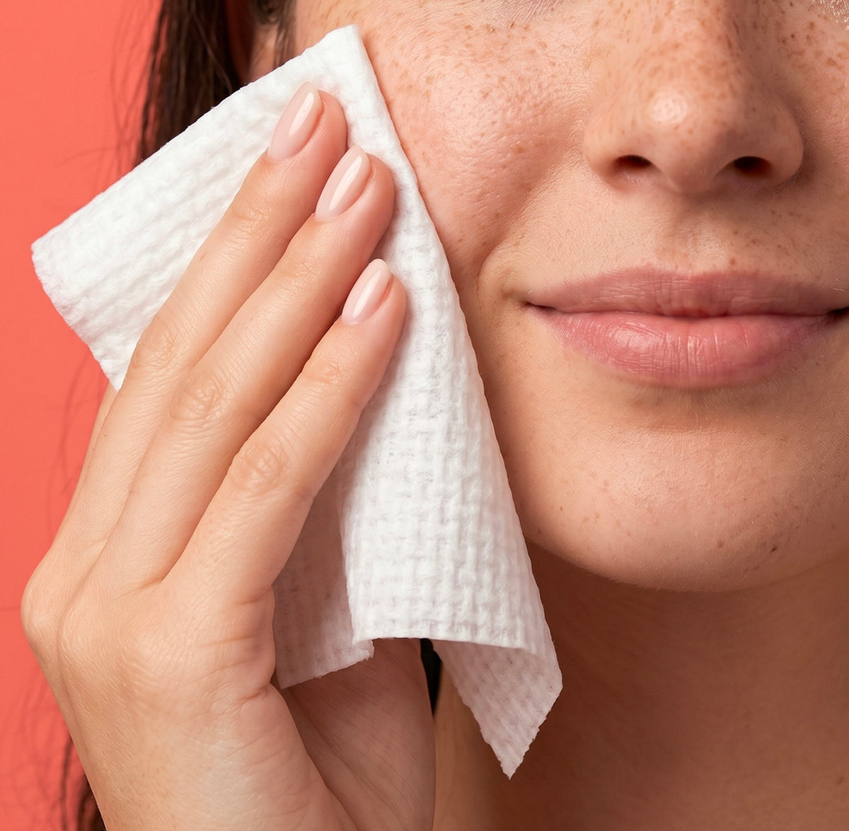 Person cleaning their face with a white paper towel against a red background